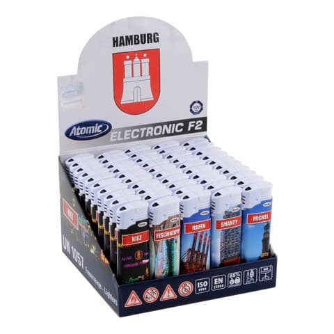 Einwegfeuerzeug Piezo ATOMIC Hamburg 5 Designs Steller mit 50 Stück – Einzelpackung – Produktabbildung