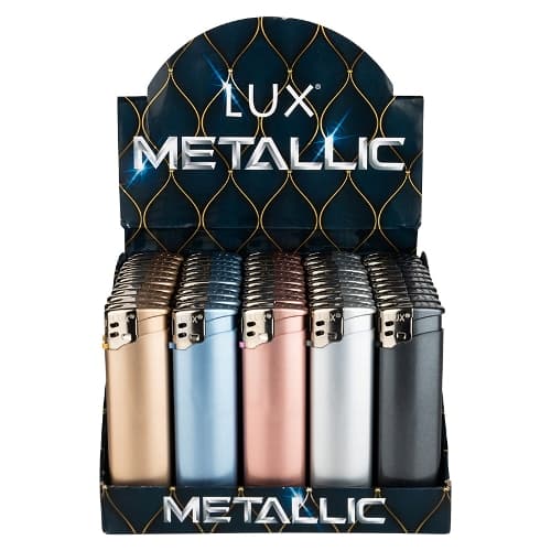 Einwegfeuerzeug Piezo LUX metallic Display mit 50 Stück 5 Farben sort – Einzelpackung – Produktabbildung
