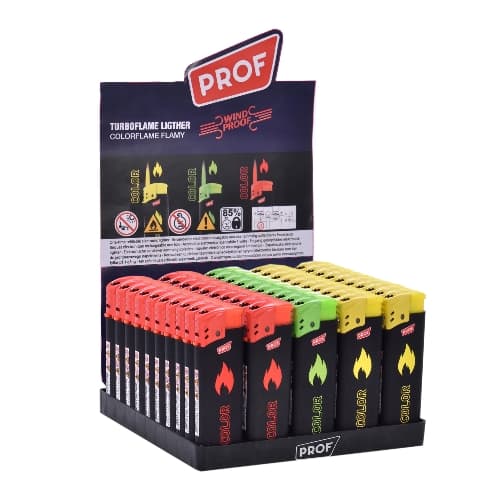 Einwegfeuerzeug Piezo Prof Rubber Colorflame Flamy – Einzelpackung – Produktabbildung