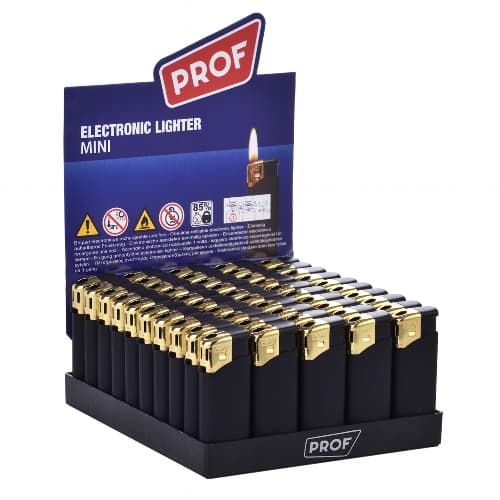 Einwegfeuerzeug Piezo Prof Rubber schwarz gold Steller mit 50 Stück – Einzelpackung – Produktabbildung