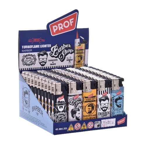 Feuerzeug Turbo PROF Barber Shop Display mit 50 Stück – Einzelpackung – Produktabbildung